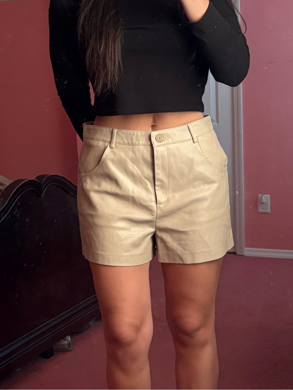 Women's Neutral High-Rise Faux Leather Shorts - Tan